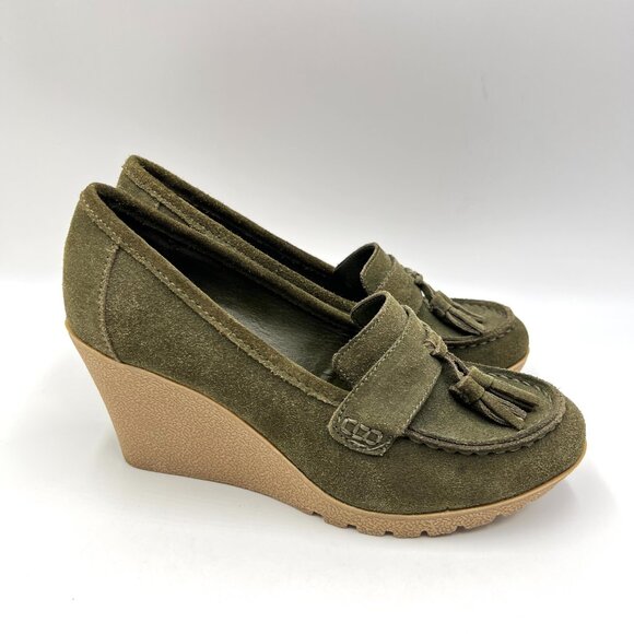 MIA Size 8.5 Brigitta Green Suede Leather Wedges Heels Pumps Loafers Shoes - Picture 1 of 14